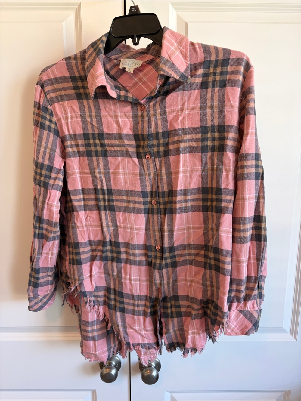 Jun & Ivy Cozy Pink Plaid Button-Down Shirt - Frayed Hem